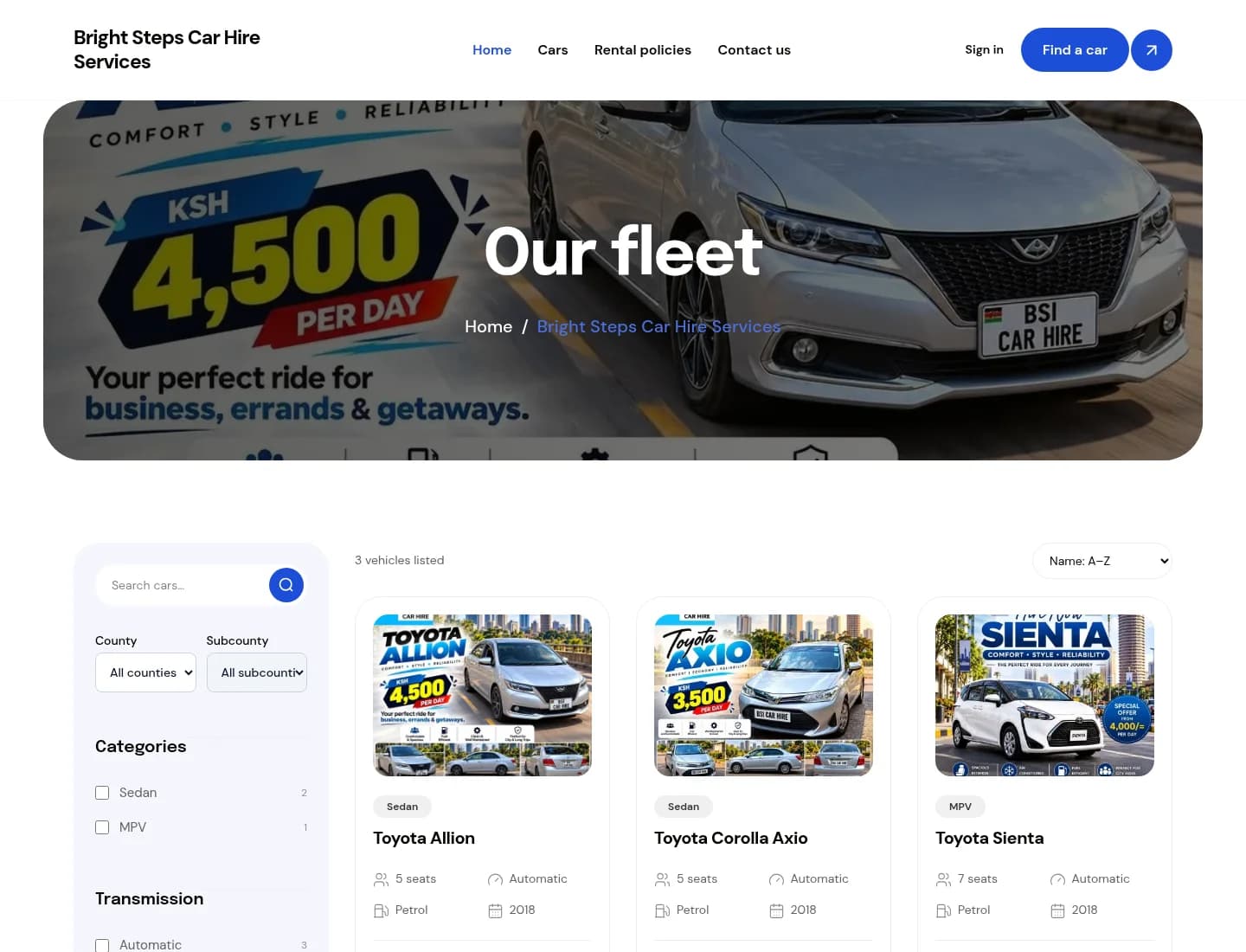 A Fleetify rental storefront with vehicle listings and location filters